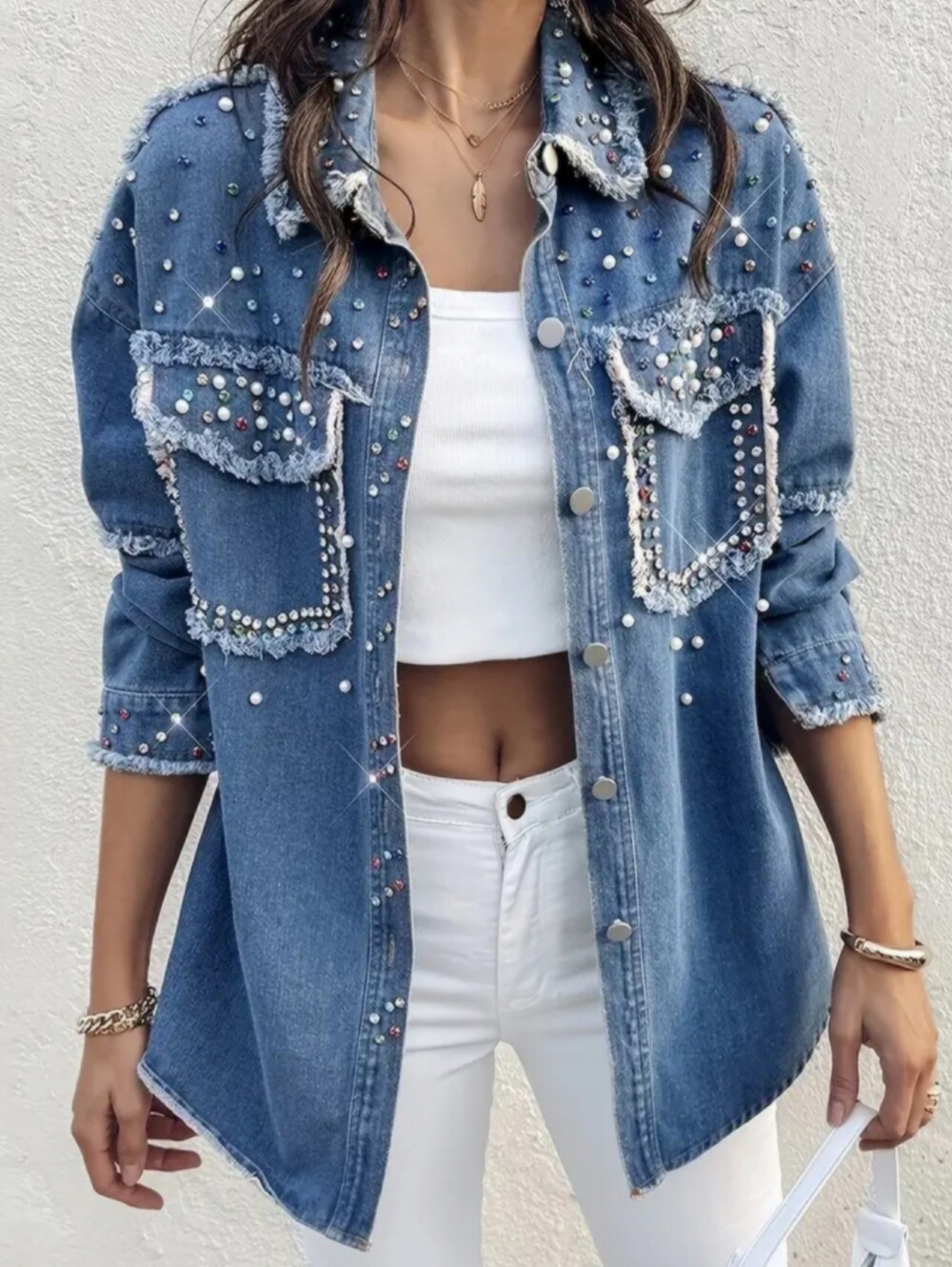 Embellished Pearl & Rhinestone Denim Shirt Jacket - Blue